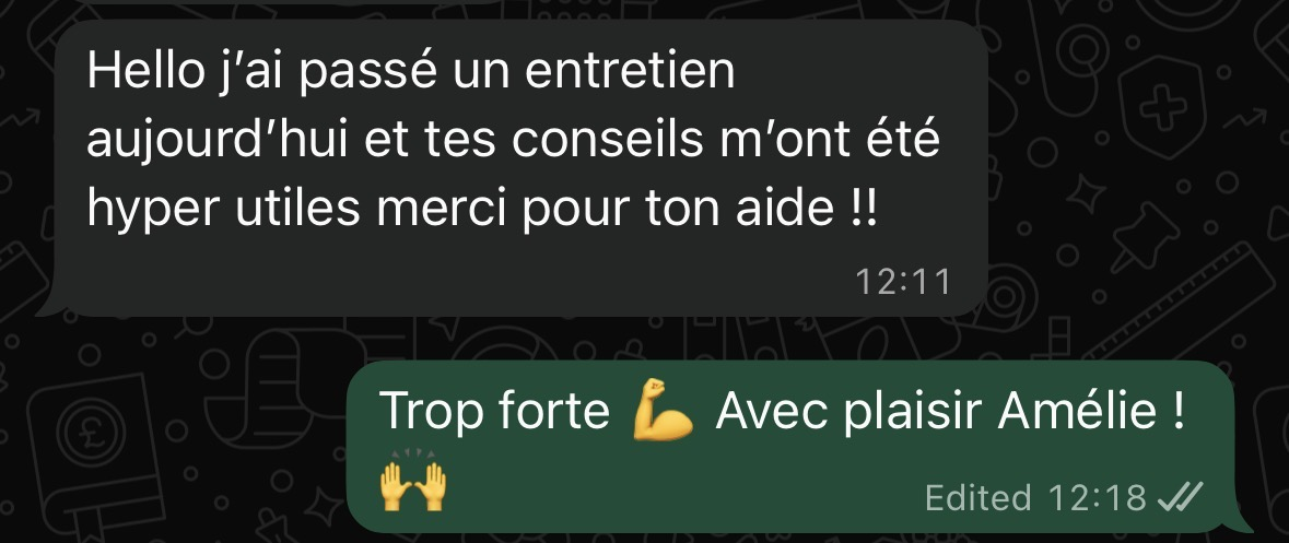 Message d'Amélie : ses conseils lui ont été très utiles pour son entretien