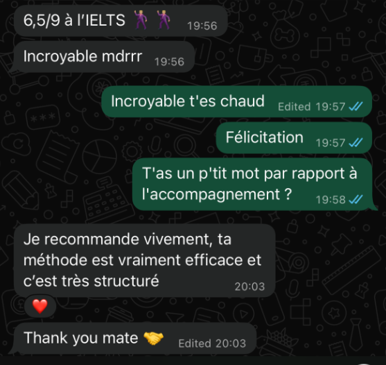 Message d'un élève : 6,5 sur 9 à l'IELTS, il recommande vivement une méthode efficace et structurée