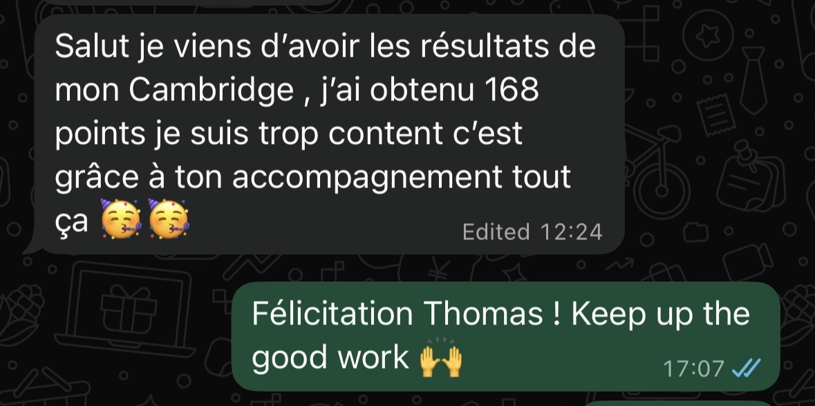 Message de Thomas : il a obtenu 168 points au Cambridge grâce à l'accompagnement